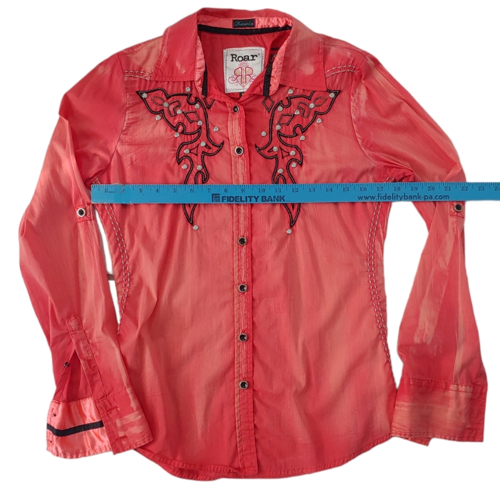 ROAR Western Button Down Shirt Embellished Distressed Coral Women's Med - Picture 11 of 12